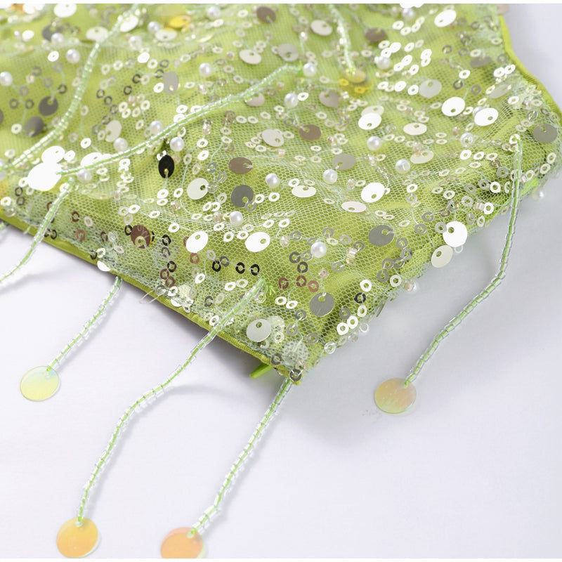 Set Limettengrün mit Perlenfransen