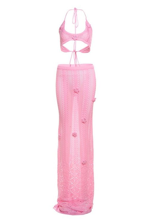 Rosa Häkel Crop Top & Maxi-Rock